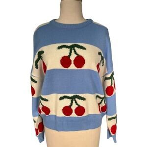 Vestique Cherry Sweater XS Blue Cream Cozy Knit Playful Y2K Cottagecore Cozy